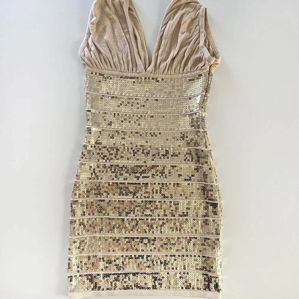 Arden B. Gold sequin beige stretchy knit bodycon dress SM - Picture 1 of 7